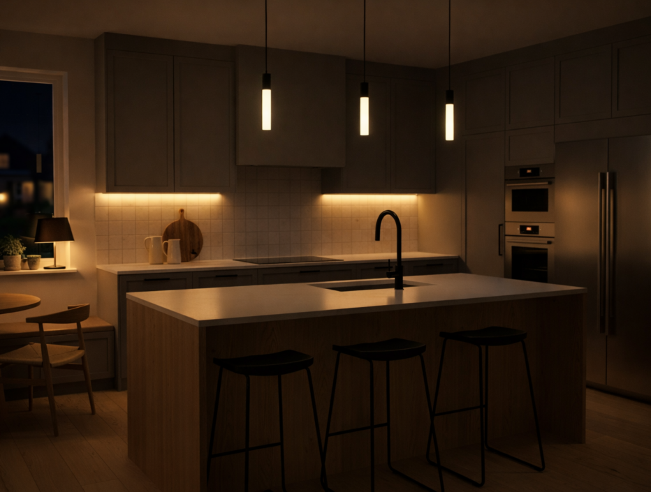 Cozy modern kitchen at night